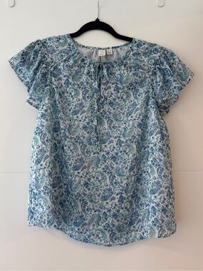 Joie Blue Paisley Metallic Flutter Sleeve Tie Neck Blouse XS Boho